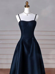 Dreamy Dark Blue Spaghetti Straps Satin Prom Dresses