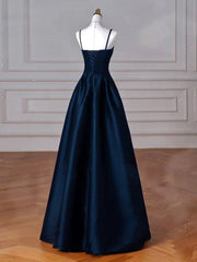 Dreamy Dark Blue Spaghetti Straps Satin Prom Dresses