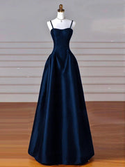 Dreamy Dark Blue Spaghetti Straps Satin Prom Dresses