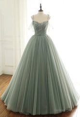 Green Tulle Long Prom Dresses, A-Line Spaghetti Straps Evening Dresses