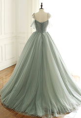 Green Tulle Long Prom Dresses, A-Line Spaghetti Straps Evening Dresses