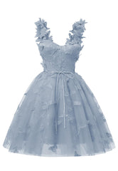 Dusty Blue 3D Butterfly Lace Applique Tulle Homecoming Dress til teenagere kæreste mini korte prom kjoler