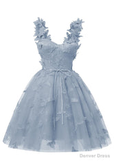 Dusty Blue 3D Butterfly Lace Applique Tulle Homecoming Dress for Teens Sweetheart Mini Short Prom Dresses