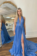 Dusty Blue Halter Backless Pleated Chiffon Long Prom Dresses