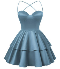 Dusty Blue Satin Homecoming Dress Sweetheart Neck Tiered Short Graduation Dresses