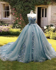 Dusty Blue Sweetheart Ball Gown Quinceanera Dresses Strapless with 3D Flowers