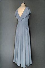 Dusty Blue V-Neck Chiffon Bridesmaid Dresses Backless Ruffled Split for Teens A-Line Long Bridesmaid Dresses