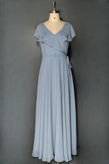 Dusty Blue V-Neck Chiffon Bridesmaid Dresses Backless Ruffled Split for Teens A-Line Long Bridesmaid Dresses