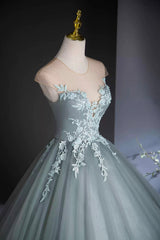 Dusty Green Tulle Floor Length Prom Dresses with Lace, Elegant A-Line Formal Evening Dresses