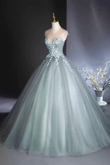 Dusty Green Tulle Floor Length Prom Dresses with Lace, Elegant A-Line Formal Evening Dresses