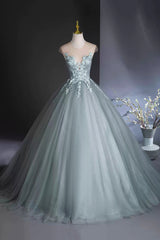 Dusty Green Tulle Floor Length Prom Dresses with Lace, Elegant A-Line Formal Evening Dresses