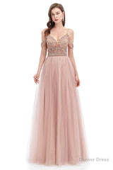 Dusty Pink Crystal Sparkle Starry Prom Dresses with Straps Backless