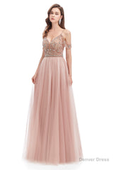 Dusty Pink Crystal Sparkle Starry Prom Dresses with Straps Backless