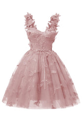 Dusty Rose 3d Butterfly Dantelă Aplicație Tulle Rochie Homecoming pentru adolescenți Sweetheart Mini Rochii de bal scurte