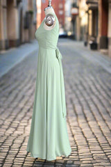 Dusty Sage Green  A-Line Spaghetti Straps Pleated Chiffon Bridesmaid Dress With Bow