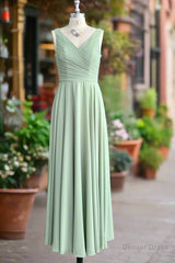 Dusty Sage V Neck Long Chiffon Bridesmaid Dress with Bow