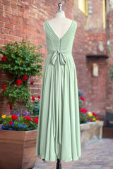 Dusty Sage V Neck Long Chiffon Bridesmaid Dress with Bow