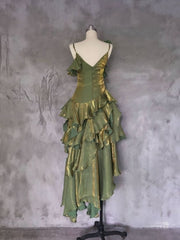 Green Asymmetrical Layered Flounce Spaghetti Strap Dresses Evening Gown