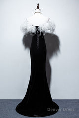 Black Velvet Mermaid Prom Dress with Feather, Off the Shoulder Long Evening Gown