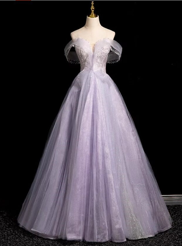 Elegance Purple Tulle Off the Shoulder Beading Prom Dress