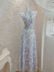 Elegant A Line Halter Lilac Floral Chiffon Long Evening Dress Outfits