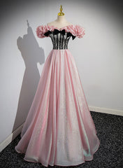 Elegant A-line Pink Off Shoulder Long Evening Dresses, Pink with Black Lace Long Prom Dresses