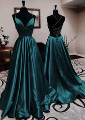 Elegant A-line V Neck Long Prom Dresses with Pleated Charmeuse Skirt