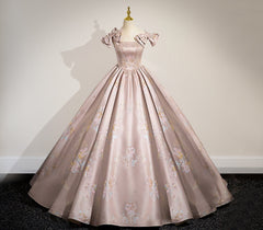 Elegant Ball Gown Pink Beaded Floral Appliques Quinceanera Dresses