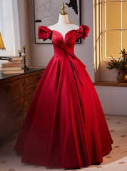 Elegant Burgundy Satin Off the Shoulder Pleats Prom Dresses