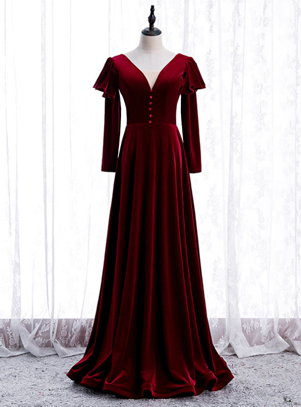 Elegant Dark Burgundy Velvet Long Sleeve Prom Dress