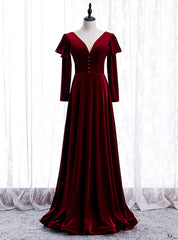 Elegant Dark Burgundy Velvet Long Sleeve Prom Dresses