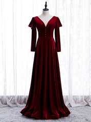 Elegant Dark Burgundy Velvet Long Sleeve Prom Dress