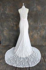 Elegante Halter Court Train Bruidsmeisjekleding Chiffon Lace Mermaid Wedding Jurk