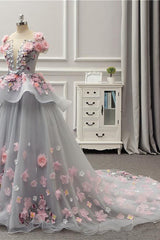 Elegant Lace-up Back Floral Appliques Grey Long Prom Dresses