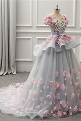 Elegant Lace-up Back Floral Appliques Grey Long Prom Dresses