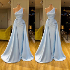 Elegant Light Blue One-shoulder Overskirt Soft-pleated Prom Dresses