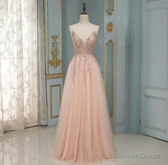 Elegant Long A-line V-neck Sequins Tulle Backless Prom Dress