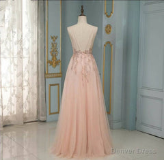 Elegant Long A-line V-neck Sequins Tulle Backless Prom Dress