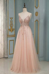 Elegant Long A-line V-neck Sequins Tulle Backless Prom Dress