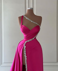 Elegant Long Fuchsia One Shoulder Jewels Sleeveless Prom Dresses Long Slit Online