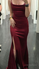 Elegant Mermaid Burgundy Slit Satin Long Prom Dress