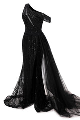 Elegant One Shoulder Black Prom Dresses Sheer Beading Lace Formal Dresses