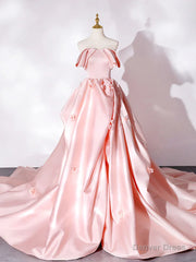 Elegant Pink A Line Strapless Appliques Satin Evening Dress Prom Dress