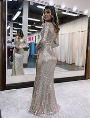 Elegant Sheath V-Neck Long Sleeves Sequin Prom Dresses