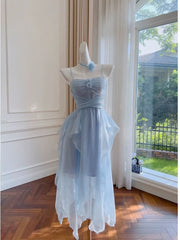 Elegant Spaghetti Straps Blue Chiffon Homecoming Dresses Birthday Dresses