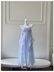 Elegant Spaghetti Straps Blue Chiffon Homecoming Dresses Birthday Dresses