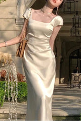 Elegant Square Neck Long Party Dresses Beige Satin Mermiad Prom Evening Dresses