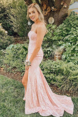 Elegant Strapless Pink Lace Prom Dresses with Side Slit