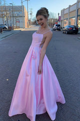 Vestido de baile de baile longa rosa e elegante de tiras com bolsos de miçangas