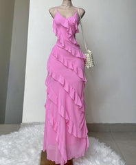 Elegant Straps Sheath Chiffon Formal Prom Dresses Pink Ruffles Long Party Dresses